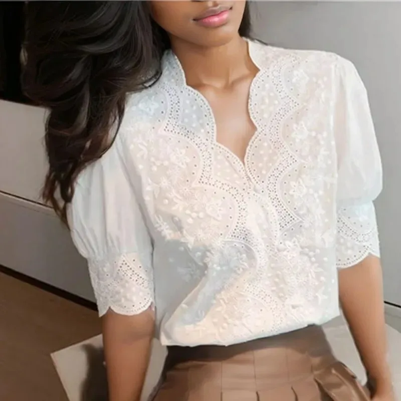 Elegant White Embroidery Lace Tops Casual Short Sleeve Blouse Spring Women Clothes Fashion Linen Cotton Loose Shirt Blusas 13102