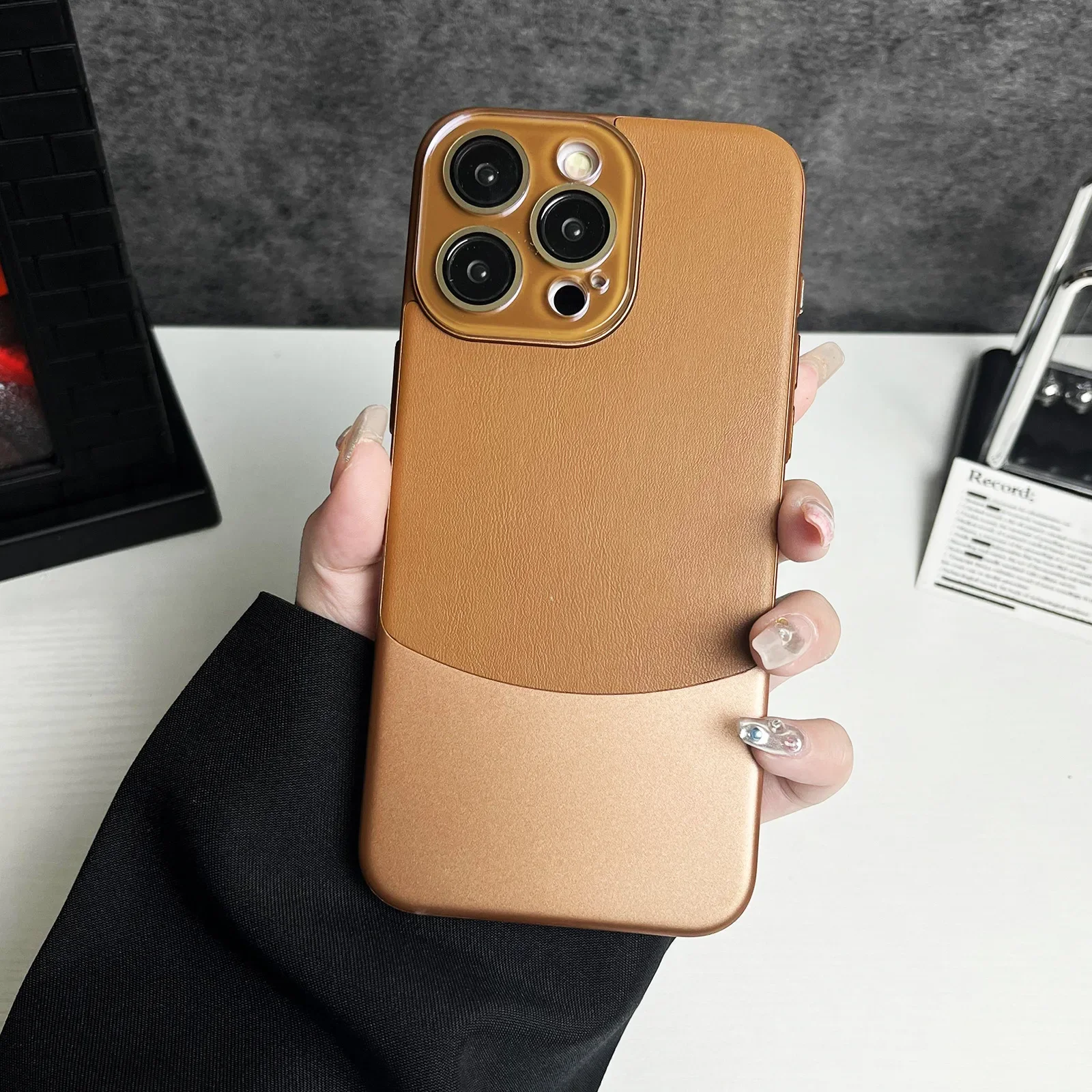 

New suitable for iPhone 15 plain leather dual color phone case 14promax high-end lens 13pro full package 12 11 protection cove