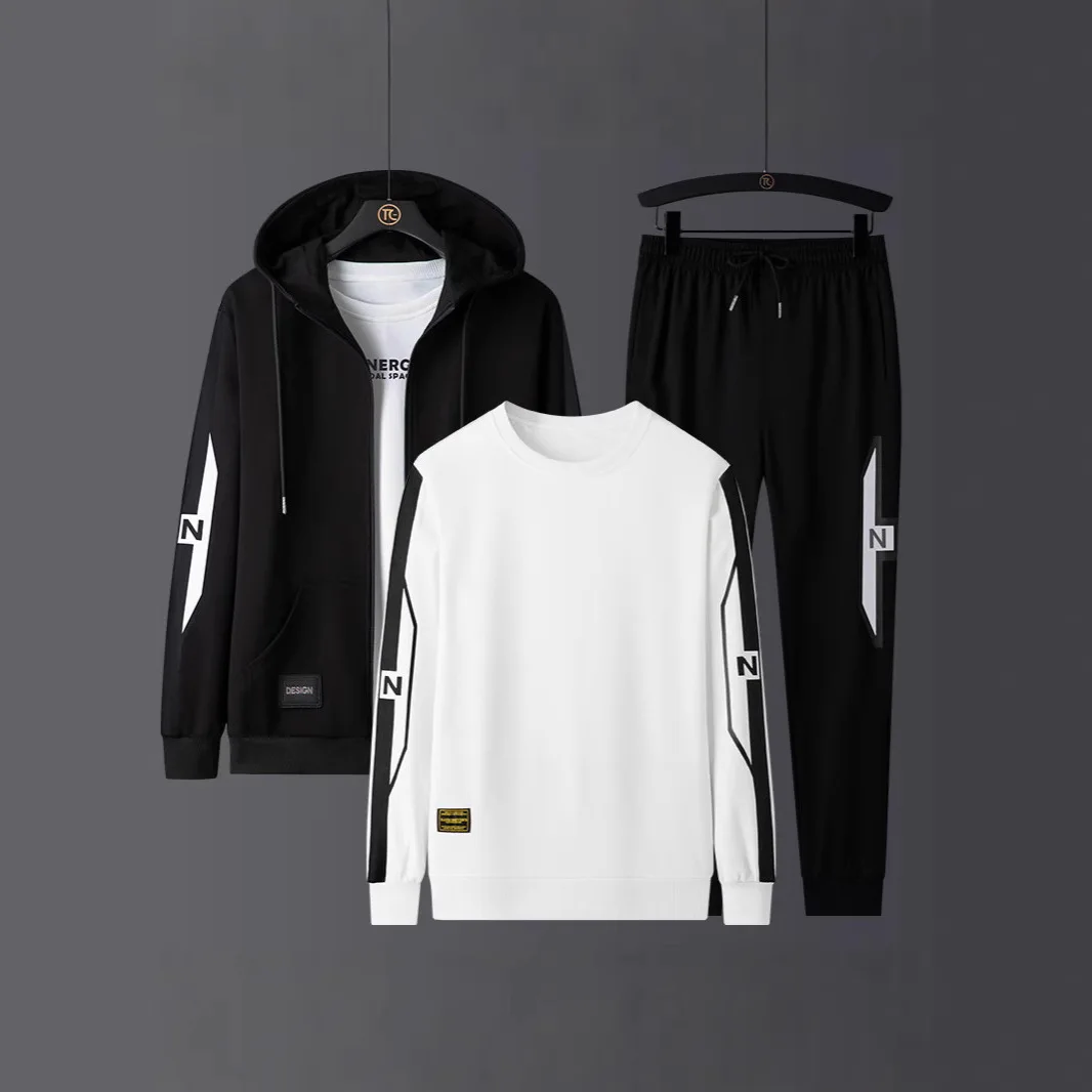 Big Size Men's Sports Suit Three Piece Hoodie Long Pants Long Sleeves Autumn and Winter Loose Fashion Casual Sportswear 2025