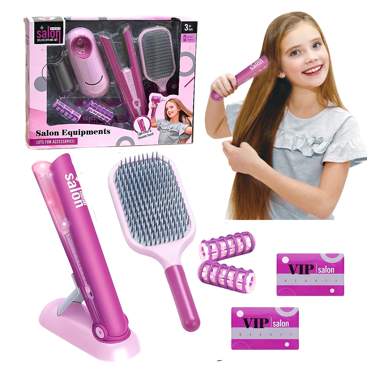 Kit de juguetes de peluquería de belleza para niñas de 8 piezas con alisador y accesorios de peinado, juego de estilista de muñecas de juego de simulación de moda, Navidad