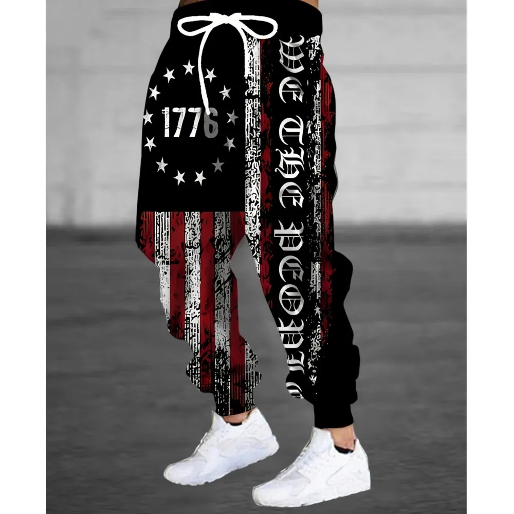3D American Flag Pattern Street Pants Men's Side Pockets Elastic Drawstring Sweatpants Joggers Pants For Men Casual Trousers