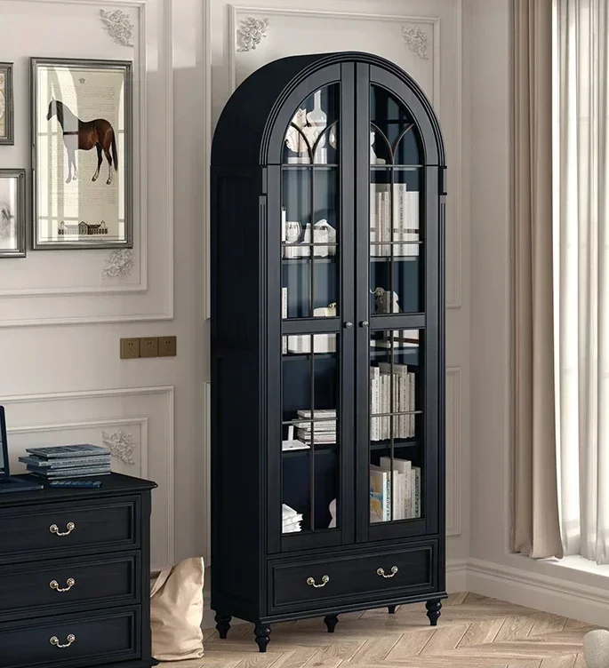 

practical Arched bookcase, solid wood, glass doors, vintage black, double door storage, storage display case
