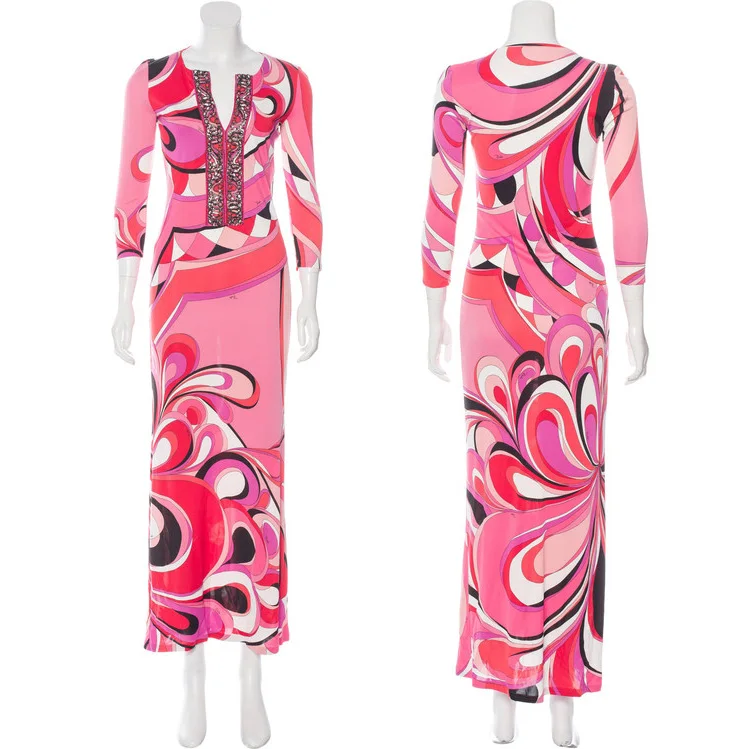 

New Faion ow n V-ne Long Slim Fit Elastic Dr Floral Print Knitted Sweet Sle Seven Sve Long Skirt