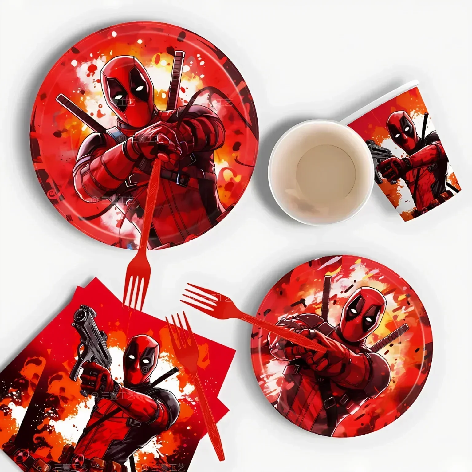 Deadpools-Set de Decoración de cumpleaños para niños, suministros de fiesta con 3 temas, vaso de papel, platillo, tenedor, tejido, Superhéroes, personaje de dibujos animados