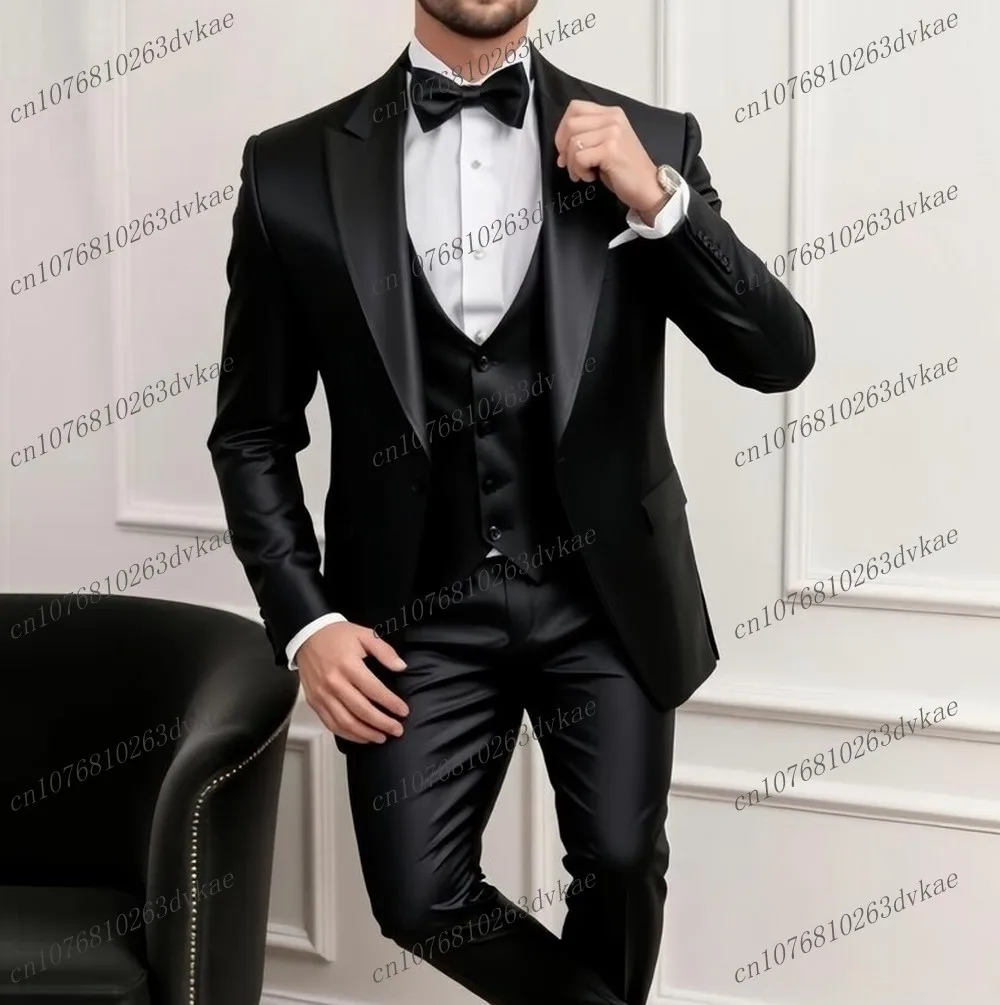 

New Black Acetate Satin Men Suit Groom Groomsman Prom Wedding Party Formal Occasion Male Tuxedos 3 Piece Set Blazer Vest Pants