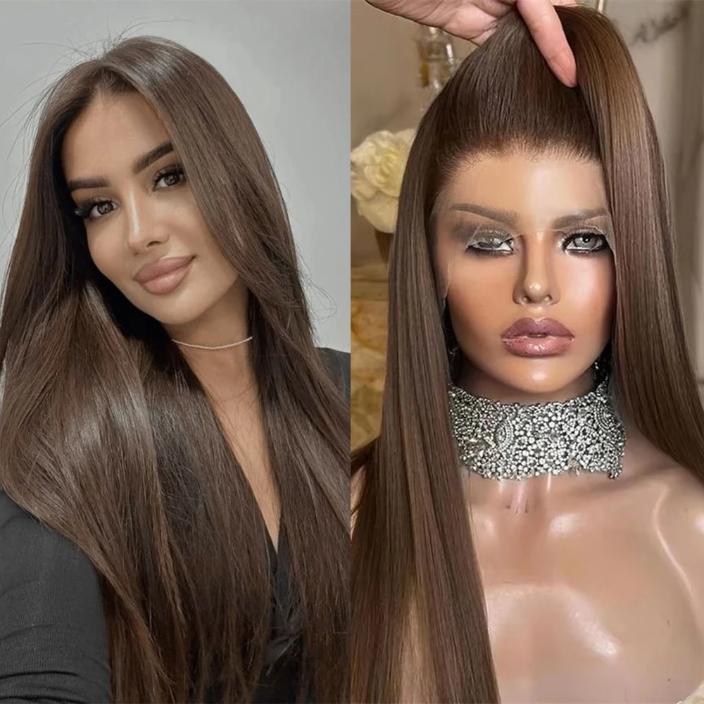 26'' Chocolate Brown Highlights Women's Wig Free Part 13x4 Soft Straight Synthetic Fibre Natural Look Wig Glueless Wig Daily Use