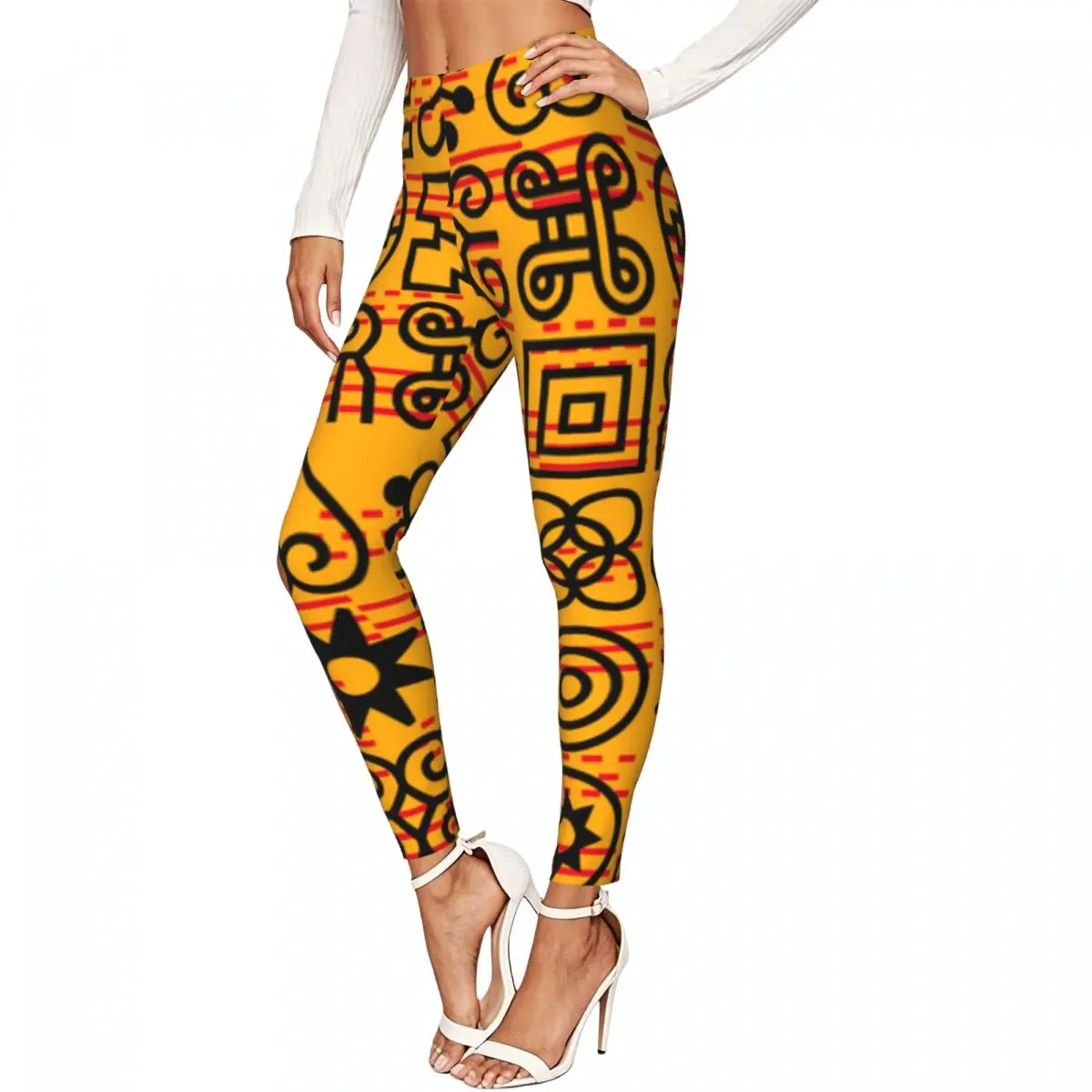 Women Full Length Elastic Leggings High Waist Tight Pants African Adinkra Pattern Casual Bottoms