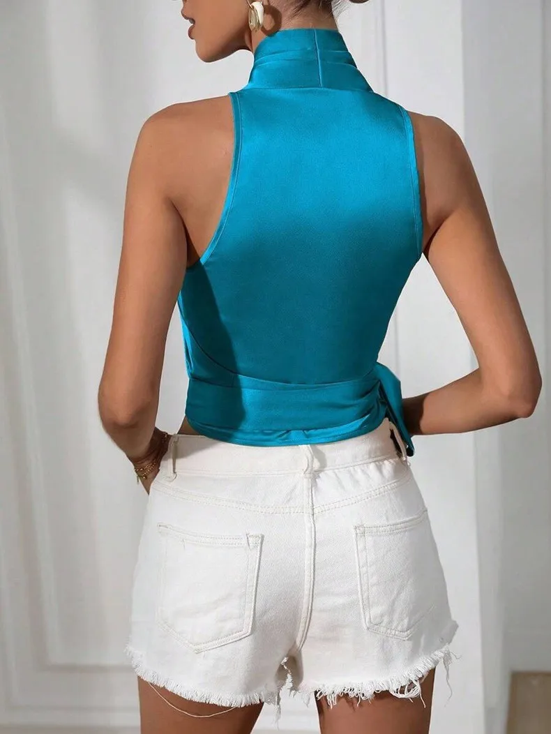 Women's Satin Sleeveless Halter Neck Tie Front Wrap Side Solid Color Slim Fit Blouse Tank Top for Women Clothing Female Fashion
