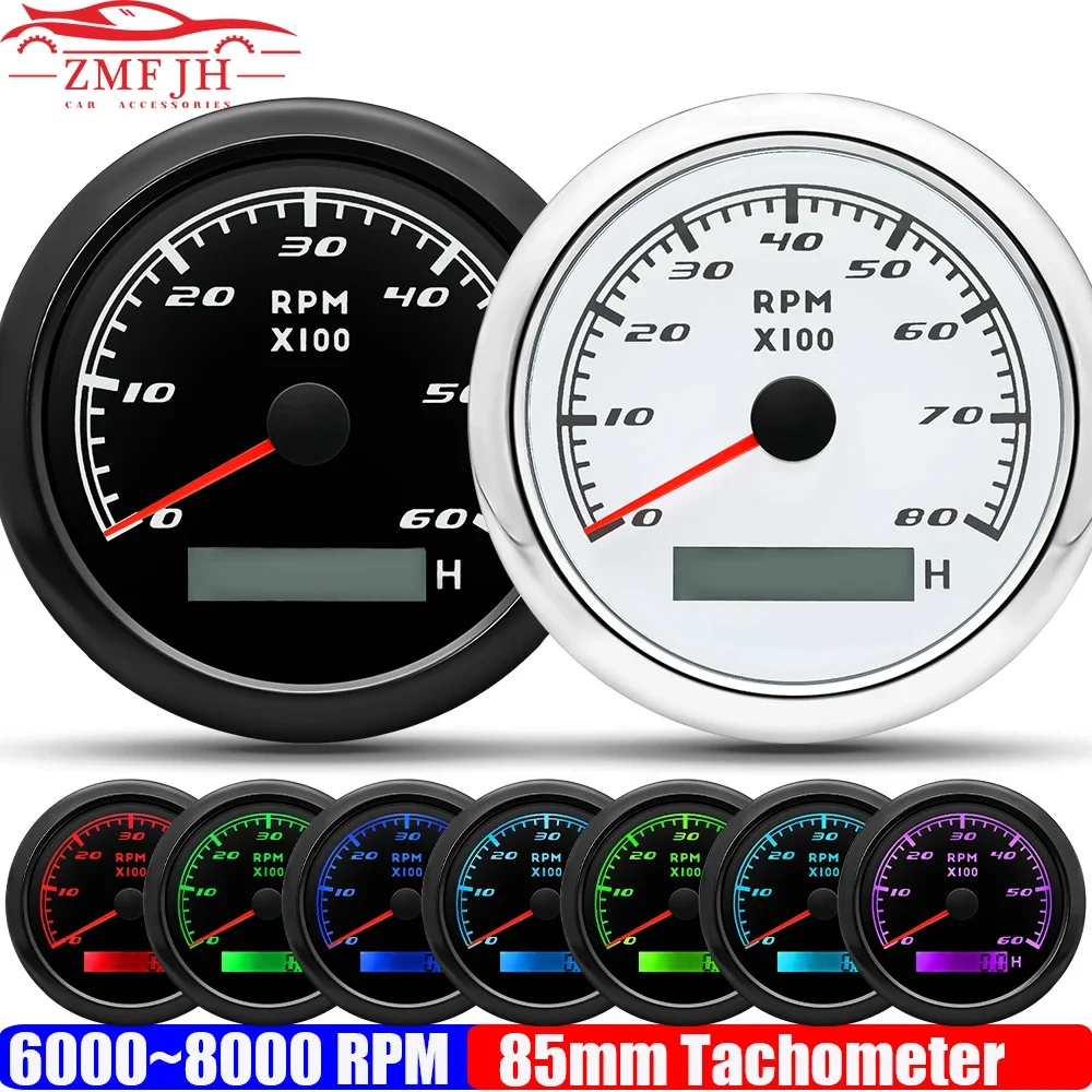 0~6000 RPM 85MM Tachometer 7 Color Light Auto Boat Yacht 0~8000 RPM Tacho Gauge Waterproof IP67 for Gasoline Diesel Car 12V24V