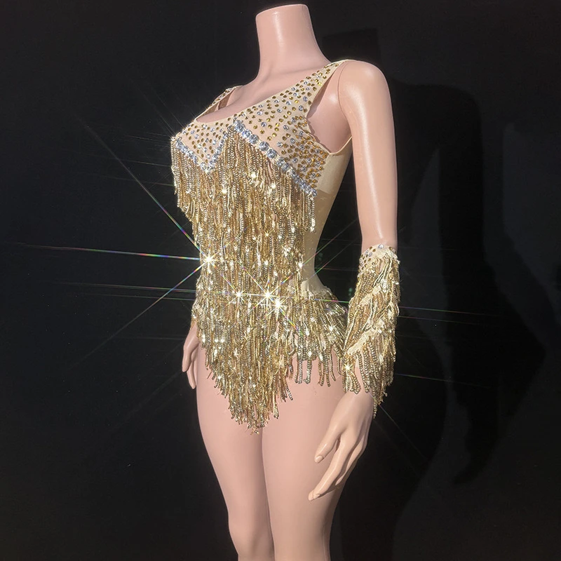 Fashion Jazz Clothing Gold Rhinestones Chain Bodysuit Women Gogo Dancer Costumes Bar Nightclub Ds DJ Stage Rave Outfit XS8170