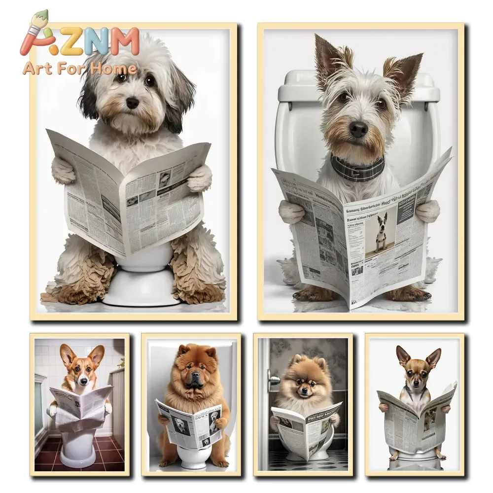 Dog Sitting on Toilet Reading Newspaper Cute Dog Photo Pomeranian Corgi Shiba Inu photo Bathroom Decor, Home，Unframed Decor