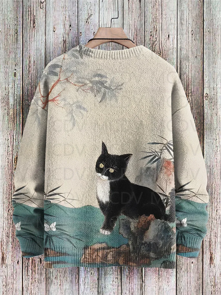 Retro Japanese Style Painting Cat Art Casual Print Knit Pullover Sweater Women For Men Sweater