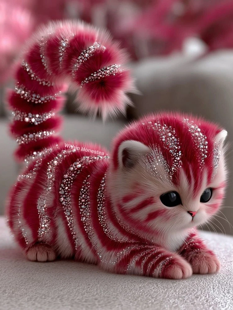 Funkelndes Rosa Gestreiftes Kätzchen 5D Diamant-Malerei-Set - Niedliche Flauschige Katze mit Strass, Fantasy-Haustier-Kunst DIY Wanddekoration