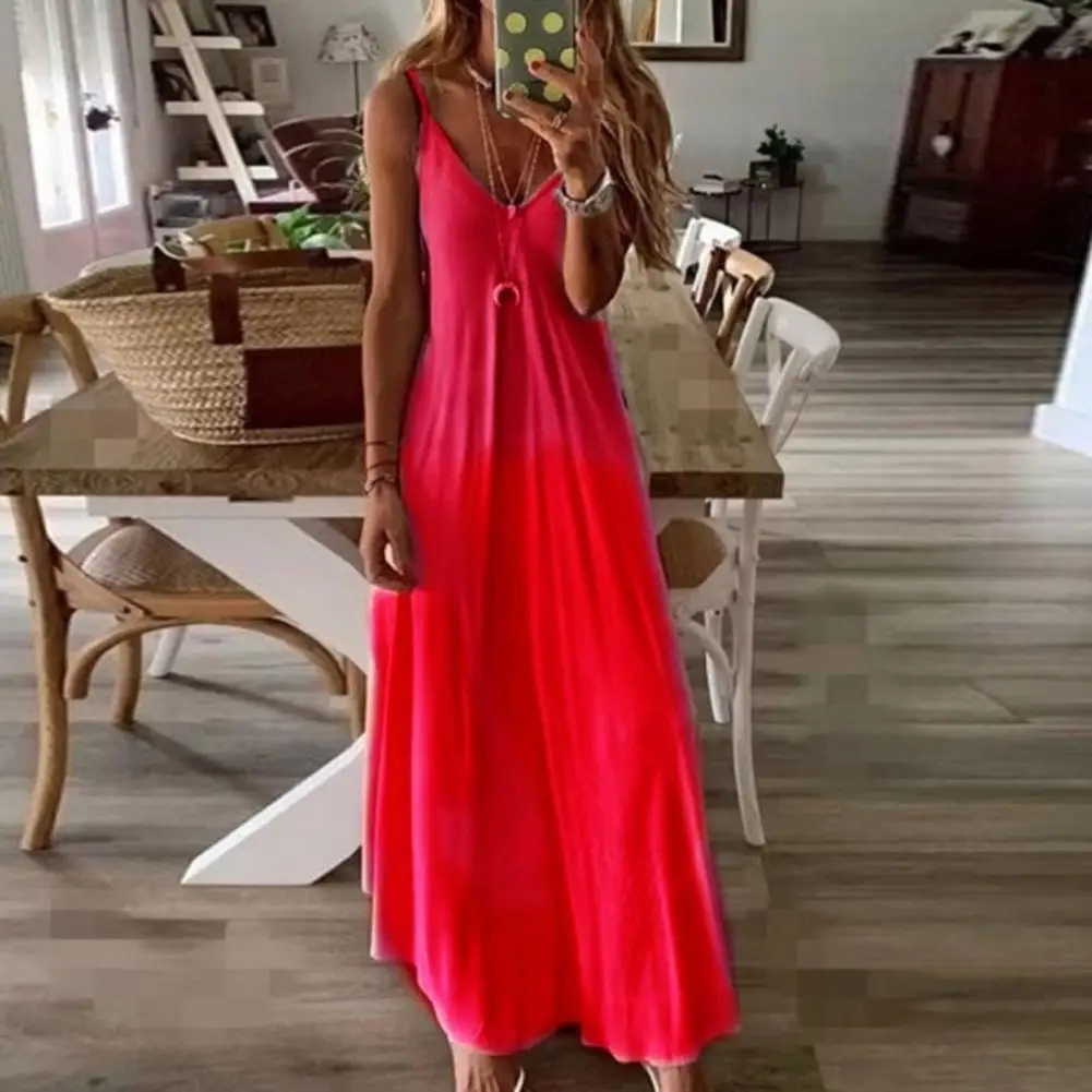 Vestido sin mangas con tirantes finos para mujer, vestido Sexy con cuello en V, Color degradado, corte en a suelto, ropa femenina de verano