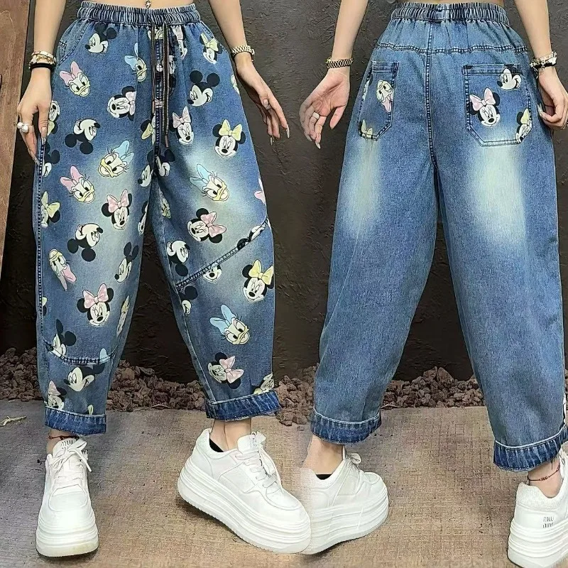 

청바지 Disney Mickey Mouse Print Jeans for Women Spring New Arrival Washed Denim Loose Slim Harem Pants Ankle Length Dad Trousers