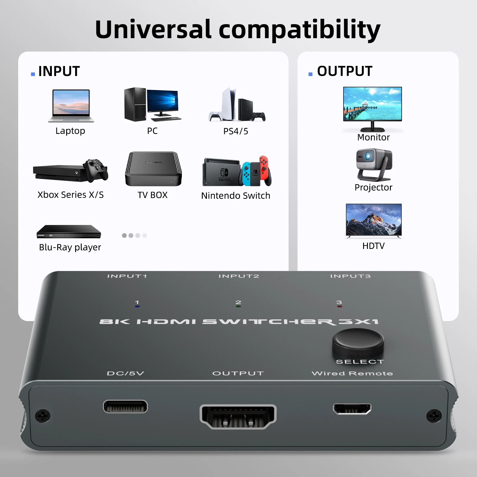 3 in 1ออก HDMI SWITCH 8K @ 60Hz, ตัวแยก HDMI พร้อมตัวควบคุมแบบมีสายตัวเลือก3พอร์ต HDMI สำหรับคอมพิวเตอร์3เครื่อง