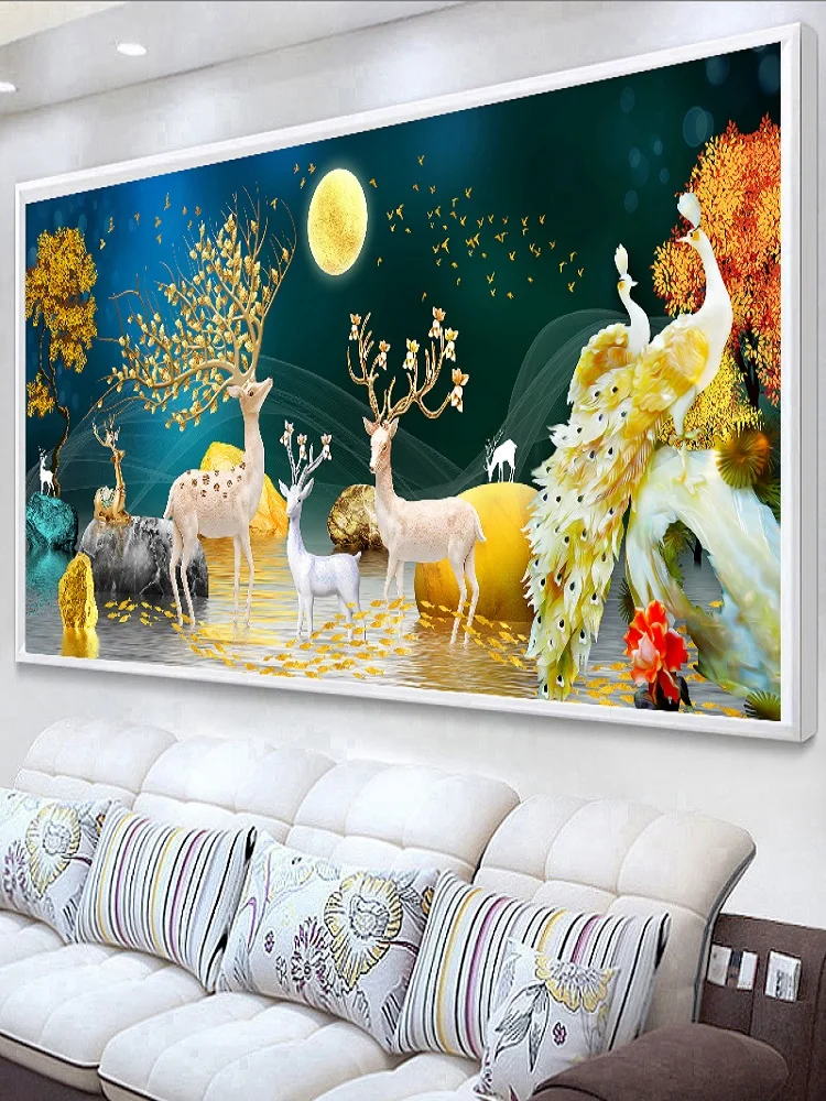 

Новая большая картина ручной работы в технике вышивки крестом: Олень в пейзаже, приносящий достаток. Декор для дома, для гостиной. Изготовлена из хлопковой ткани.