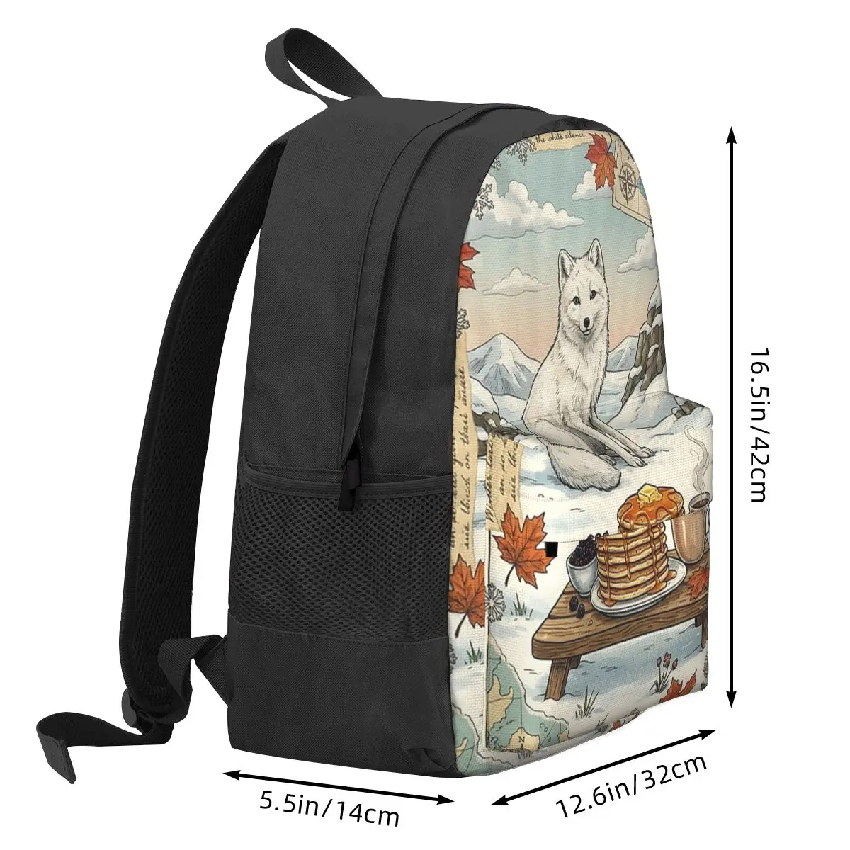 Arctic Fox In The Snow With Pancakes And Coffee Backpack Student BookBag Kids School Bag Laptop Shoulder Bags for Men Women