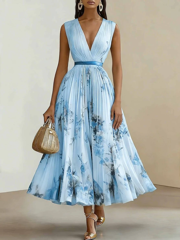 Women Vintage V-Neck Retro Printing Slim A-Line Dress Sleeveless Party Dress Summer Elegant Fashion Ladies Dresses Vestidos 2026
