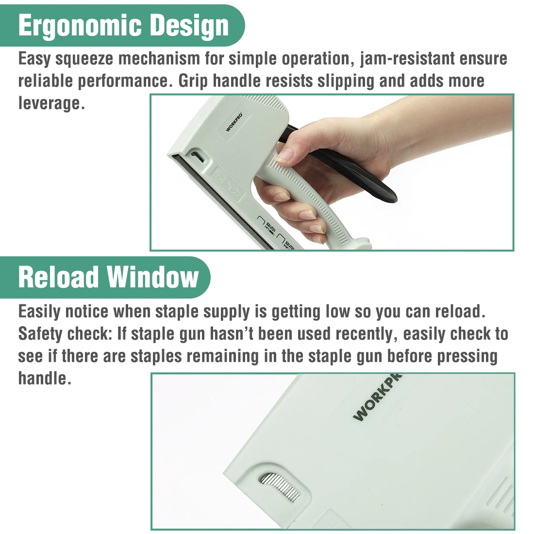 WORKPRO Upholstery Staple Gun, 3 in 1 Plastic Stapler Gun with 800 Staples for Wood, Upholstery, Carpentry, Decoration DIY