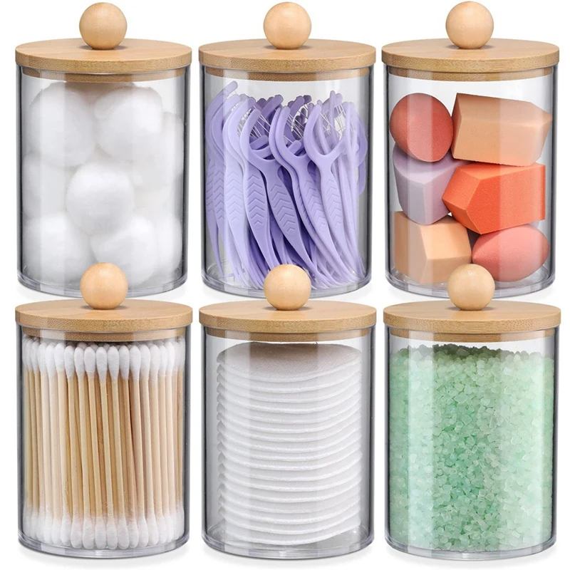 6 Pack Holder Dispenser Set With Bamboo Lids Bathroom Canister Accessories Bathroom Organization Clear