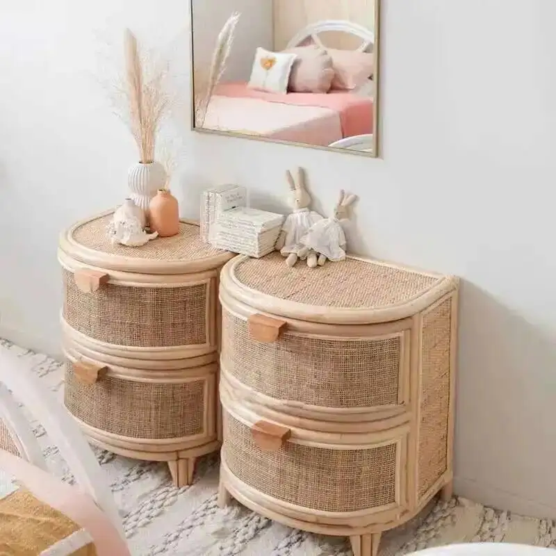 Japanese-style Wood Rattan Bedside Table Retro Nightstand Bedside Table Locker Bedroom Side Cabinet Bedside Storage Cabinet