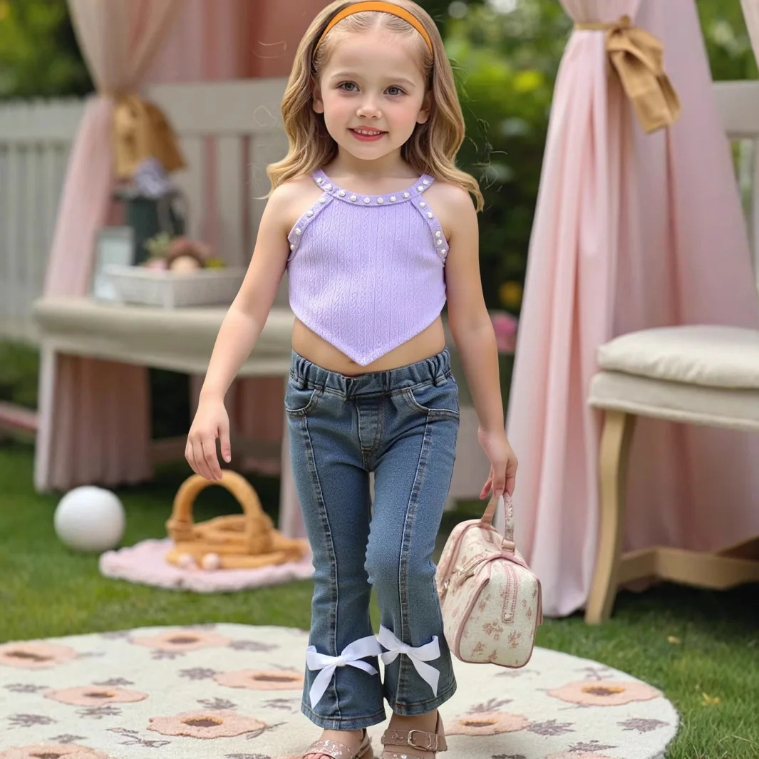 

New Vest Girls Autumn Bow Split Jeans New Korean Version Foreign Style Pants Flared Pants Fashion Casual