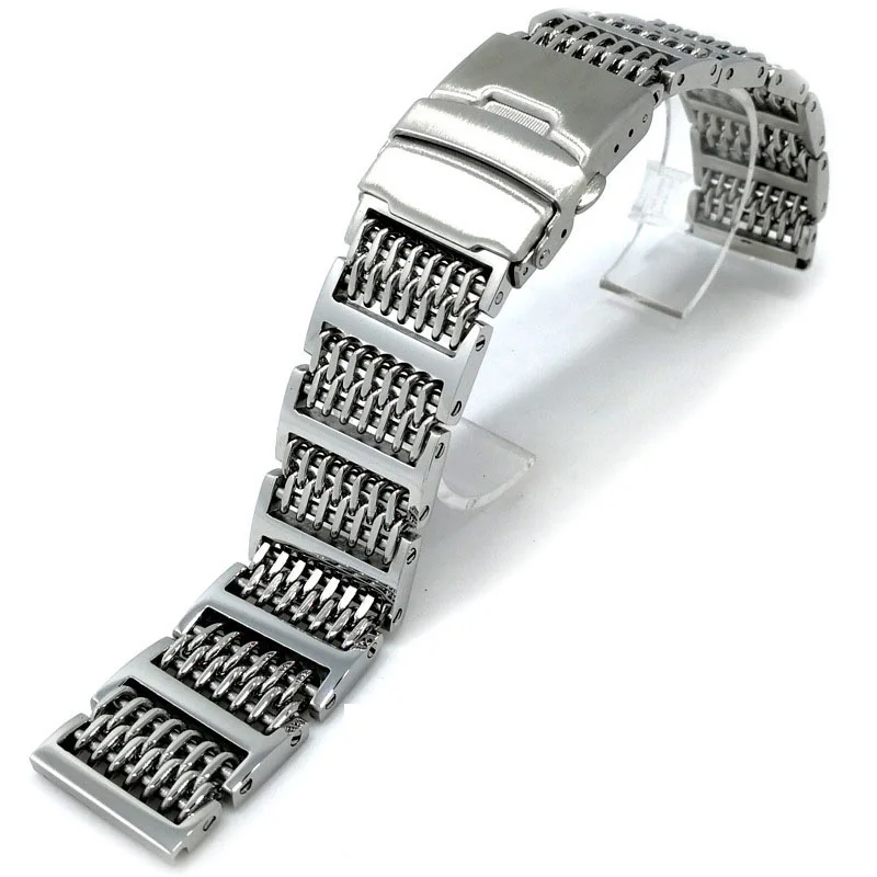 Silver PVD Black Shark Mesh Stainless Steel Watch Band Push Safety Buckle Men Strap 20mm 22mm 24mm Removable Bracelet