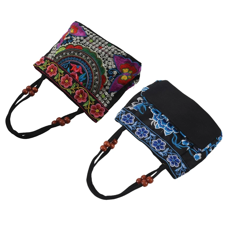 2Pcs Chinese Style Women Handbag Embroidery Ethnic Summer Fashion Handmade Flowers Ladies Tote Shoulder Bags Cross-Body , Purple