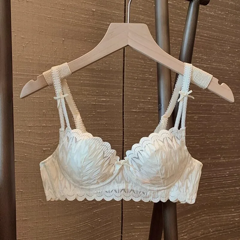 Ensemble soutien-gorge à armatures souples à bonnets fins, en dentelle française, motif oreilles de lapin, minimiseur pour poitrine généreuse, avec soutien latéral anti-affaissement, lingerie quotidienne pour femme