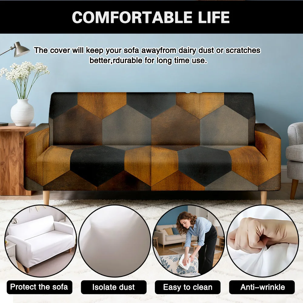 1pc Vintage Brown Black Geometric Hexagon Pattern Print Stretch Sofa Cover, Removable Washable Furniture Protector