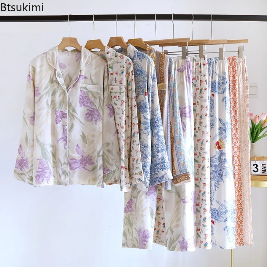 2026 Summer New Ladies Pajamas Set Floral Printed Soft Sleepwear Cotton Simple Style Women Long Sleeve+Pants 2Piece Set Homewear