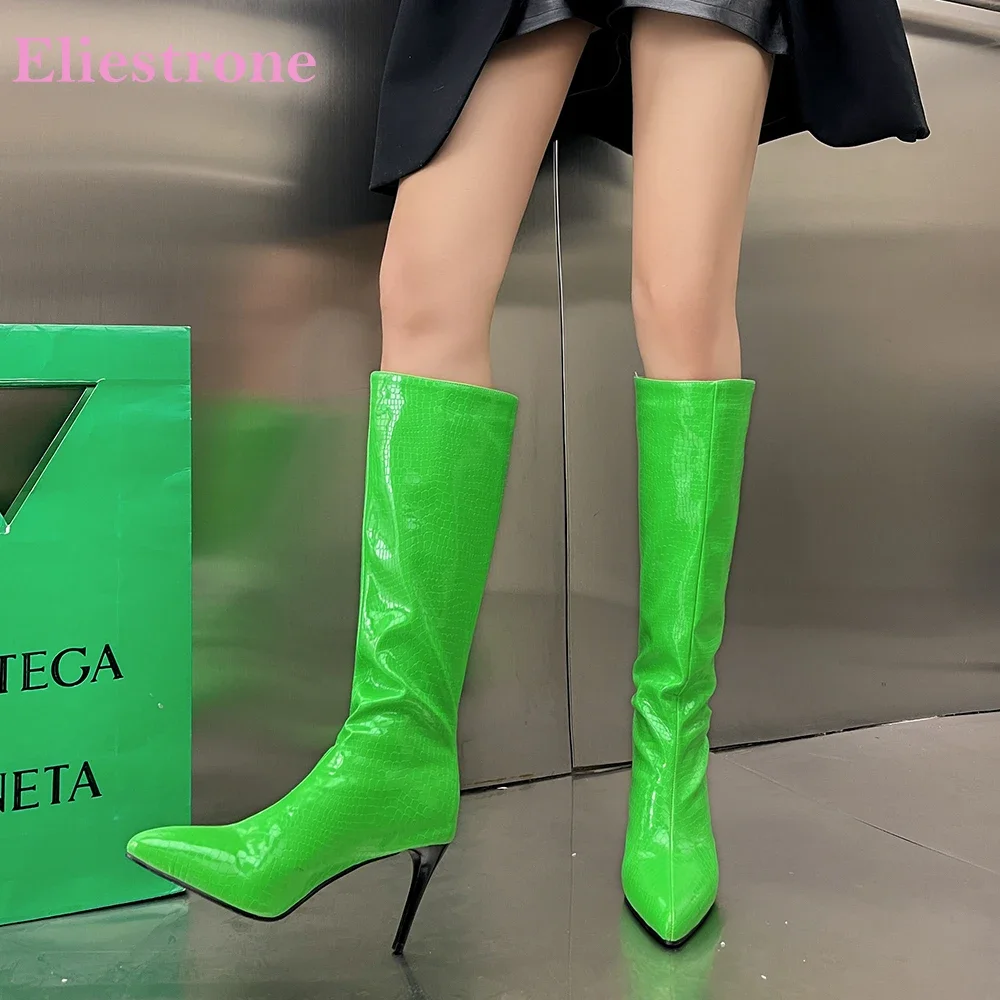 

New Winter Sweet Green White Women Knee High Boots Hot Pointed Toe High Stiletto Heel Lady Nude Shoes Plus Big Size 10 43 45 48
