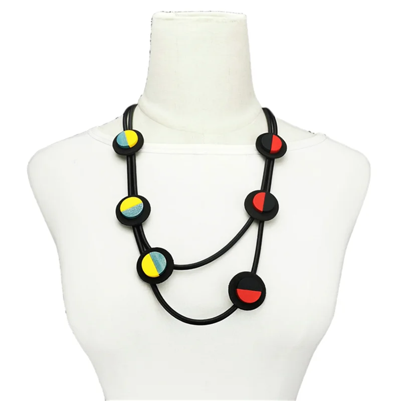 New Bohemian Style Handmade Color Block Disc Design Rubber Chain Women Jewelry Gothic Punk Choker Matching Necklace