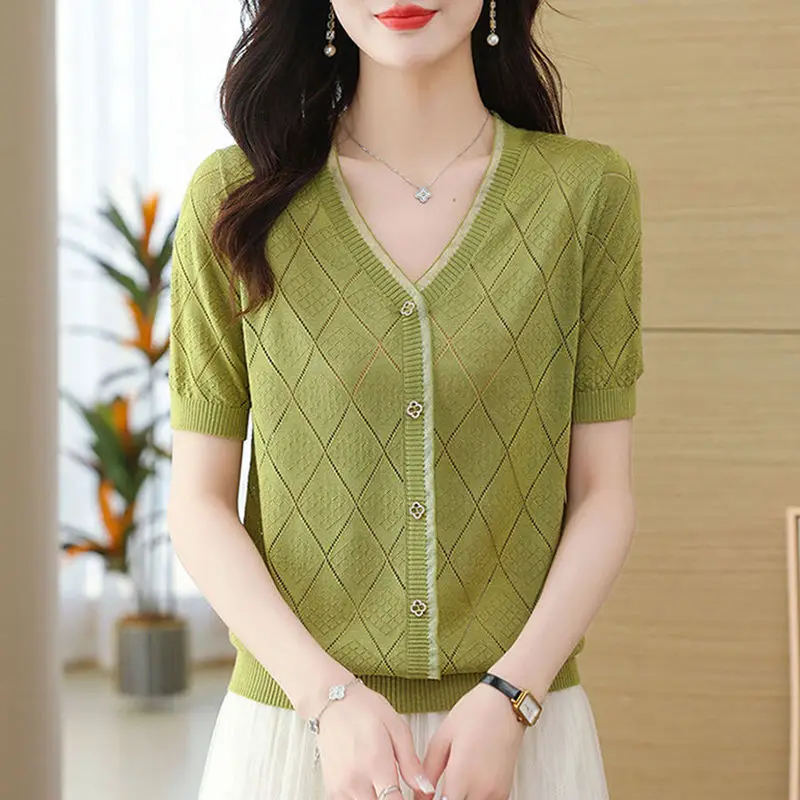 الدانتيل الخامس الرقبة محبوك فضفاضة قصيرة الأكمام تي شيرت المرأة الجديدة وهمية مفتوحة سترة شيك الحرير الجليد الأعلى