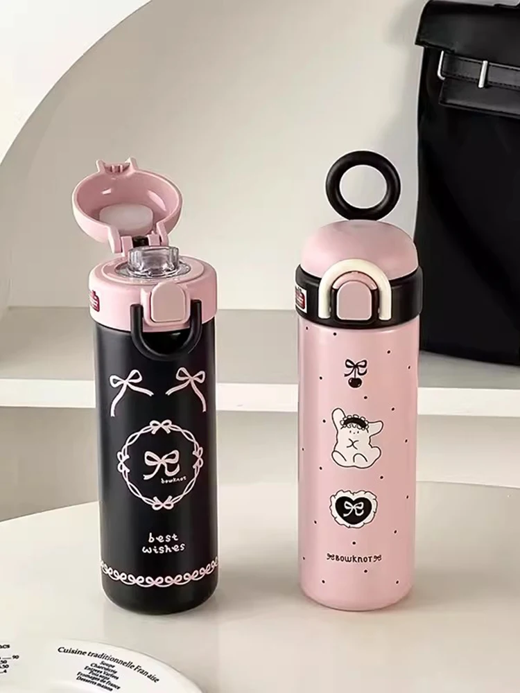 Niedliche isolierte Wasser flasche Becher kawaii Edelstahl Thermoskanne mit Griff Stroh für Kaffee