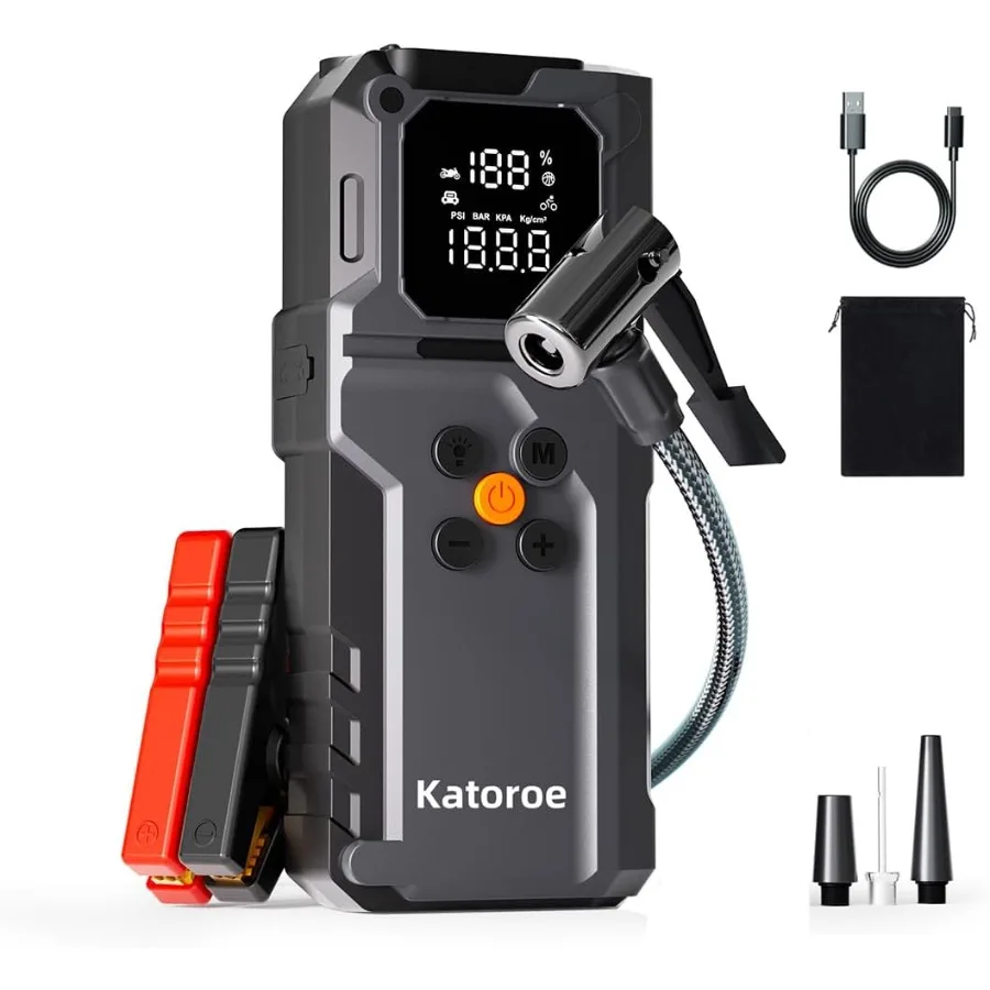 Portable 12V Car Battery Jump Starter with 5000A Peak Current and 150PSI Air Compressor for 9.0L Gas and 7.0L Diesel Engines In