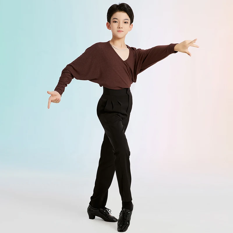 

Одежда для латинских танцев для мальчиков 2025: коричневые топы с длинными рукавами, черные брюки, тренировочная одежда для ча-ча, одежда для бальных танцев AMY2637