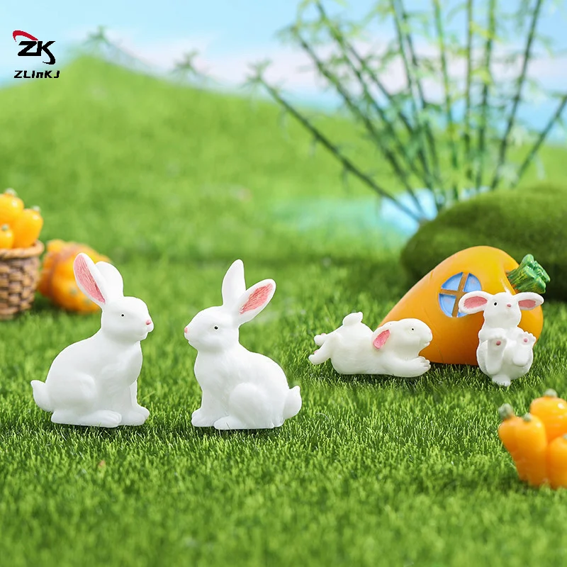 Mini Cute Rabbit Easter Miniature Resin Craft Small Bunny Ornament Fairy Garden Supplies Home Figurine Animal Garden Ornament