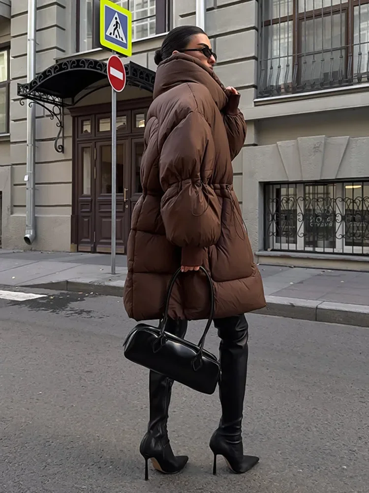 Fashion Solid Hooded Thick Cotton Women's Jacket Oversize Loose Long Sleeved Zipper Tied Jacket Casual 2026 Winter Snow Wear 3