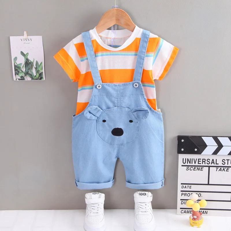 Boys short-sleeved suit new summer style casual striped bear face back shorts short-sleeved two-piece fashion