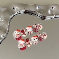 10Pcs HelloKitty Nails Red Wearable Press on Nail With 3D Sanrio Kawaii Cartoon Charms French Short Square False Nails Tips