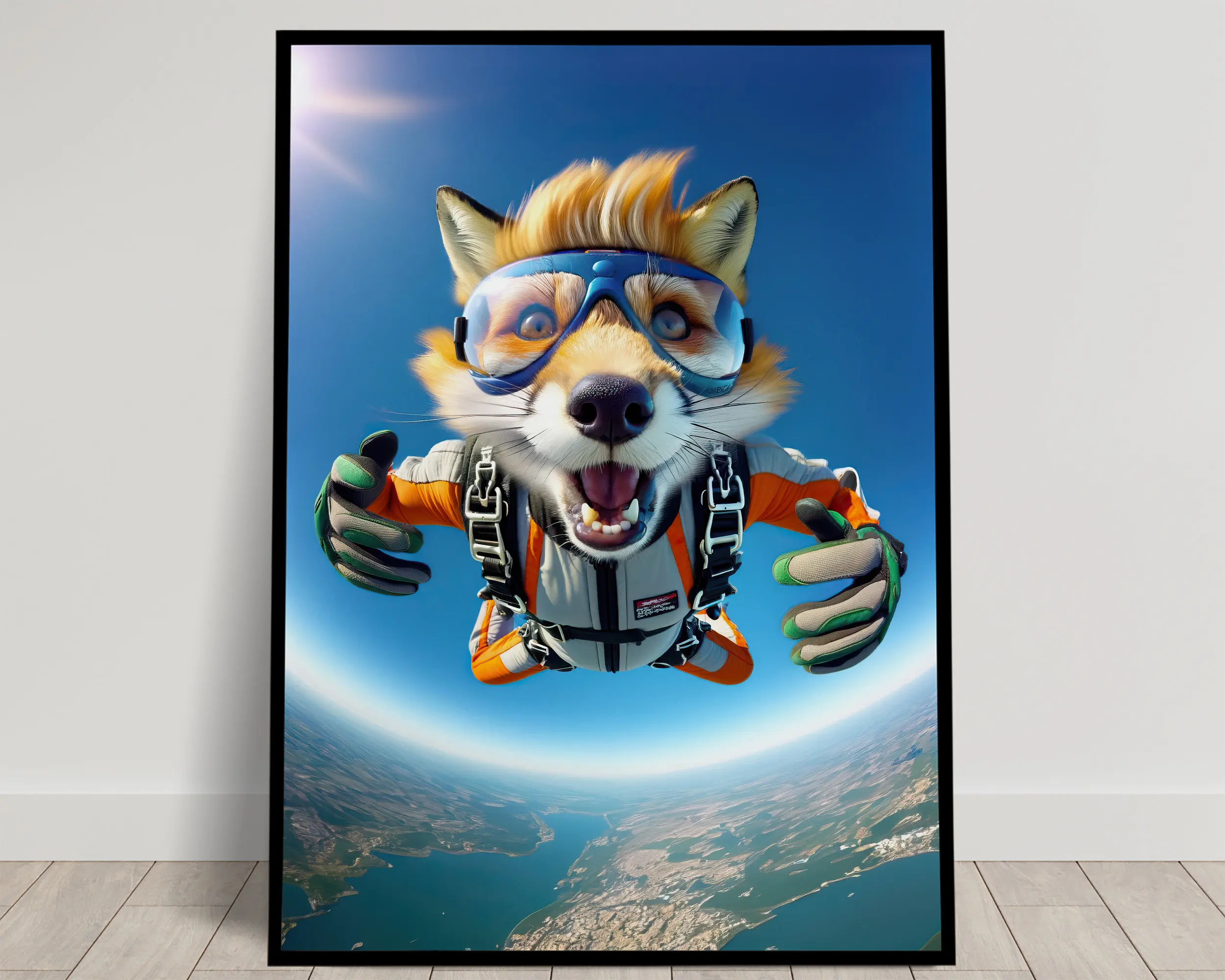 Skydiving Shepherd French Bulldog Fox in Free Fall Photograph Poster Print Wall Art Pictures Canvas Painting Room Home Decor