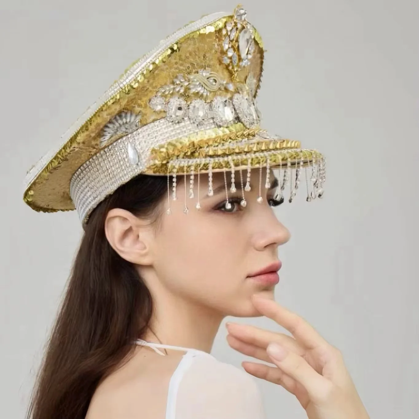 

HongLuan Yellow Laser Leather Loop Captain Hat Rhinestone & Military Caps for Woman, Rave Festivals Accessories ＆ Party Cap Man