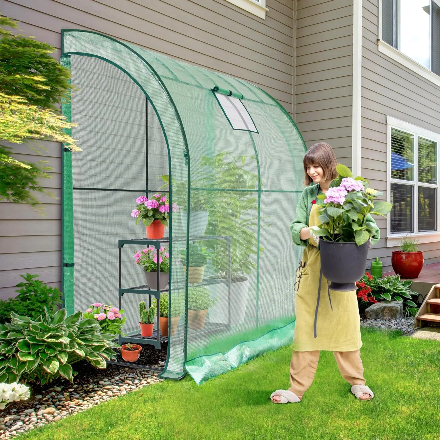 

Lean-to Greenhouse with 3-Tier Shelves: Portable Walk-in Wall Mounted Green House Mesh Windows, 79"x39"x83" Large Greenhouses