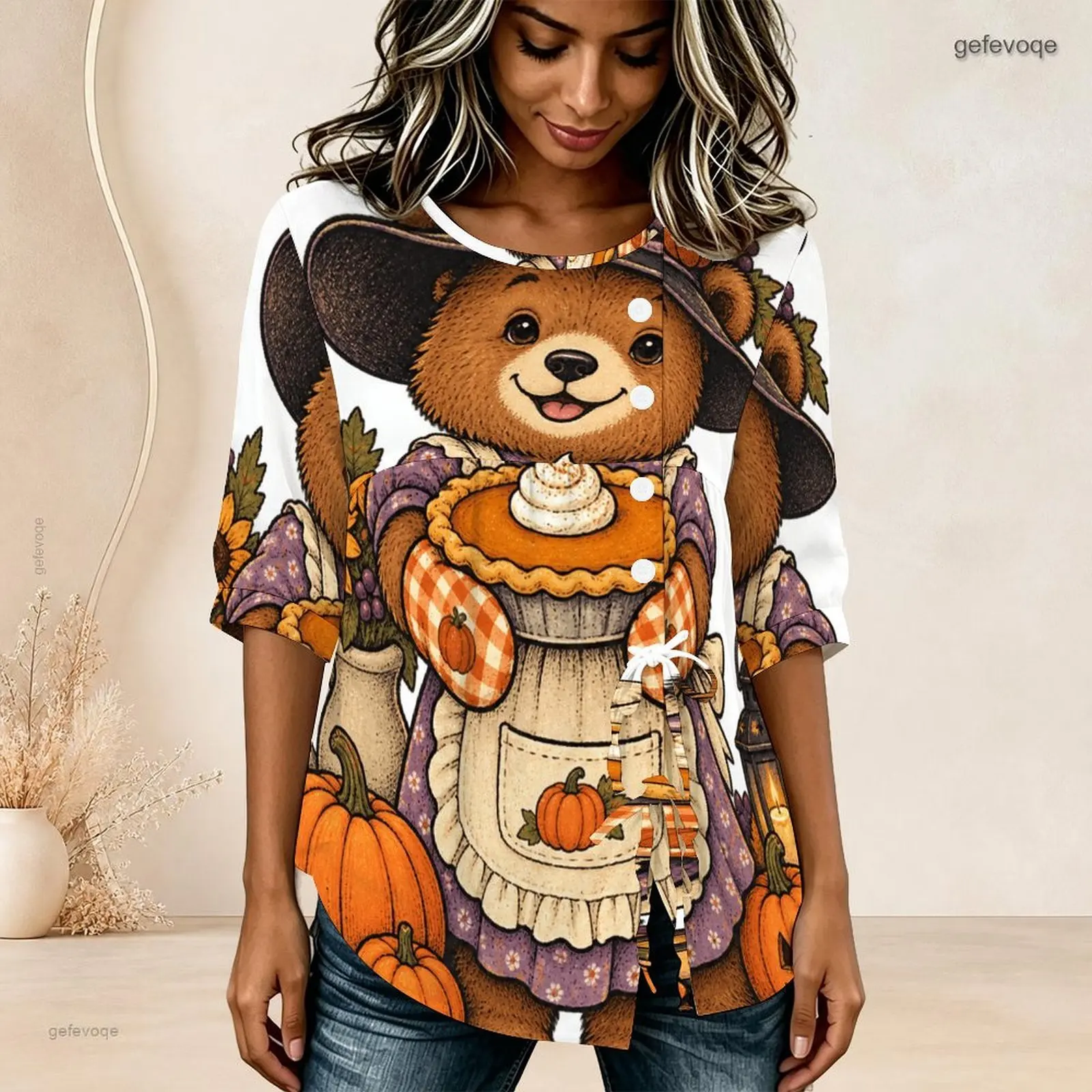 Women Round Neck Half Sleeve Gathered Front Button Detail Tie Hem Printed Blouse