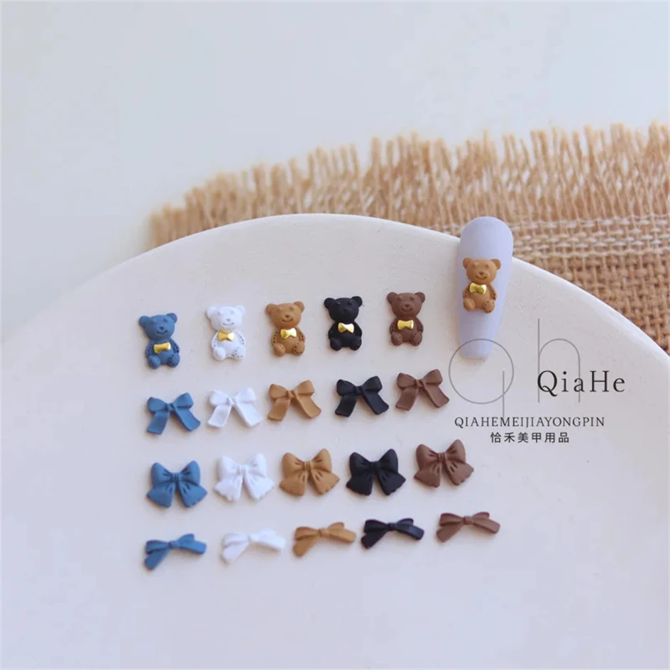 5pcs Bow tie Teddy Bear Nail Charms Accessories Kawaii 3D Matte Metal Alloy Coffee Color Bow Ribbon Jewelry Nail Art Decoration