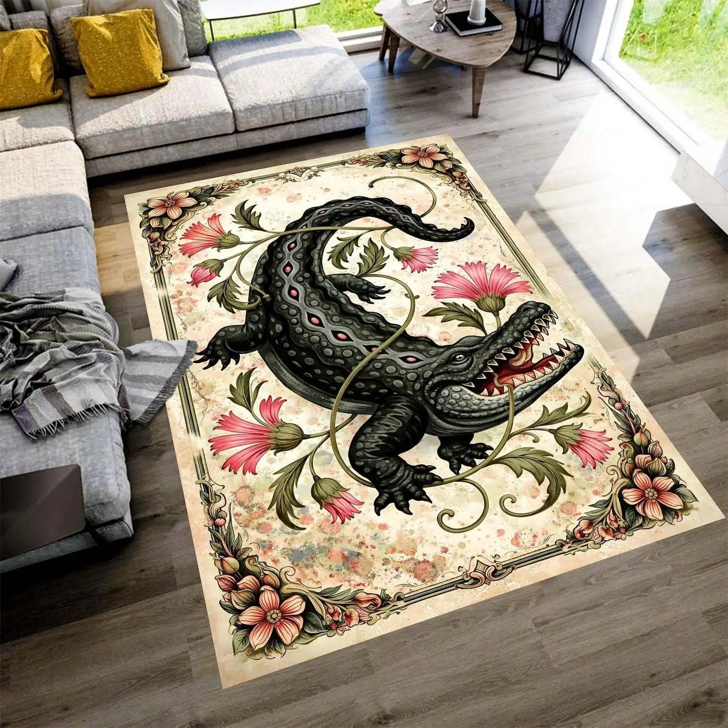 Floral Crocodile Pattern Carpet, Vintage Baroque Style Border, Non-Slip