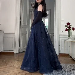 Spaghetti-Straps Square Neck Evening Dresses Blue Lace applique Simple Fashion Formal Prom Dresses Dresses For Gala Customized