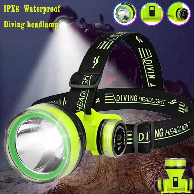 

Super Bright LED Headlamp USB Rechargeable Built in Battery Headlight IPX8 Waterproof with 2 Modes Deep Diving Head Flashlight